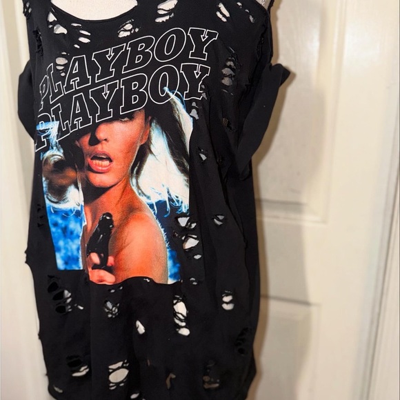 Black Playboy Tee | Distressed Oversized T-Shirt - Picture 9 of 14